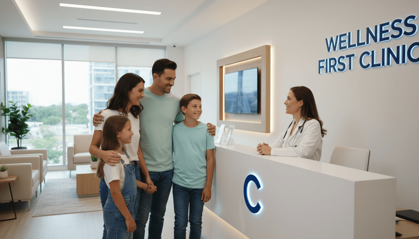 Family talking with a friendly doctor at a modern clinic desk