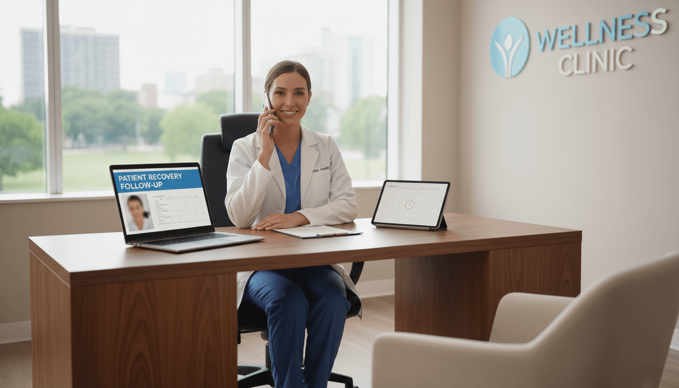 Nurse calling a patient to follow up on recovery at the clinic