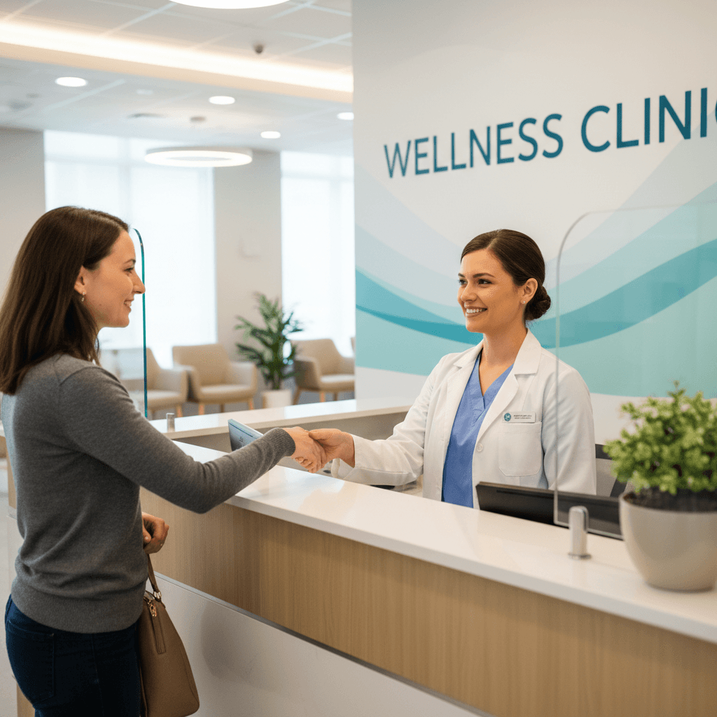 friendly healthcare worker greeting patient at clinic reception