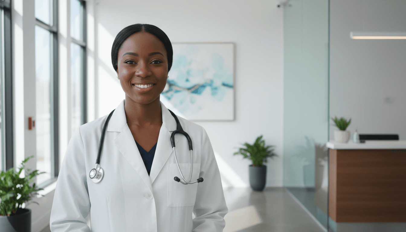 A warm, approachable doctor in a clean modern clinic in Dodoma
