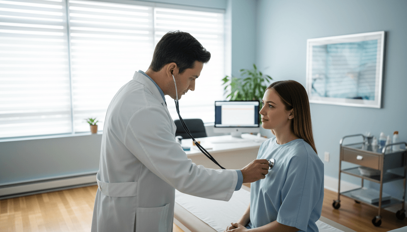 Doctor examining a patient with a stethoscope in a bright clinic room