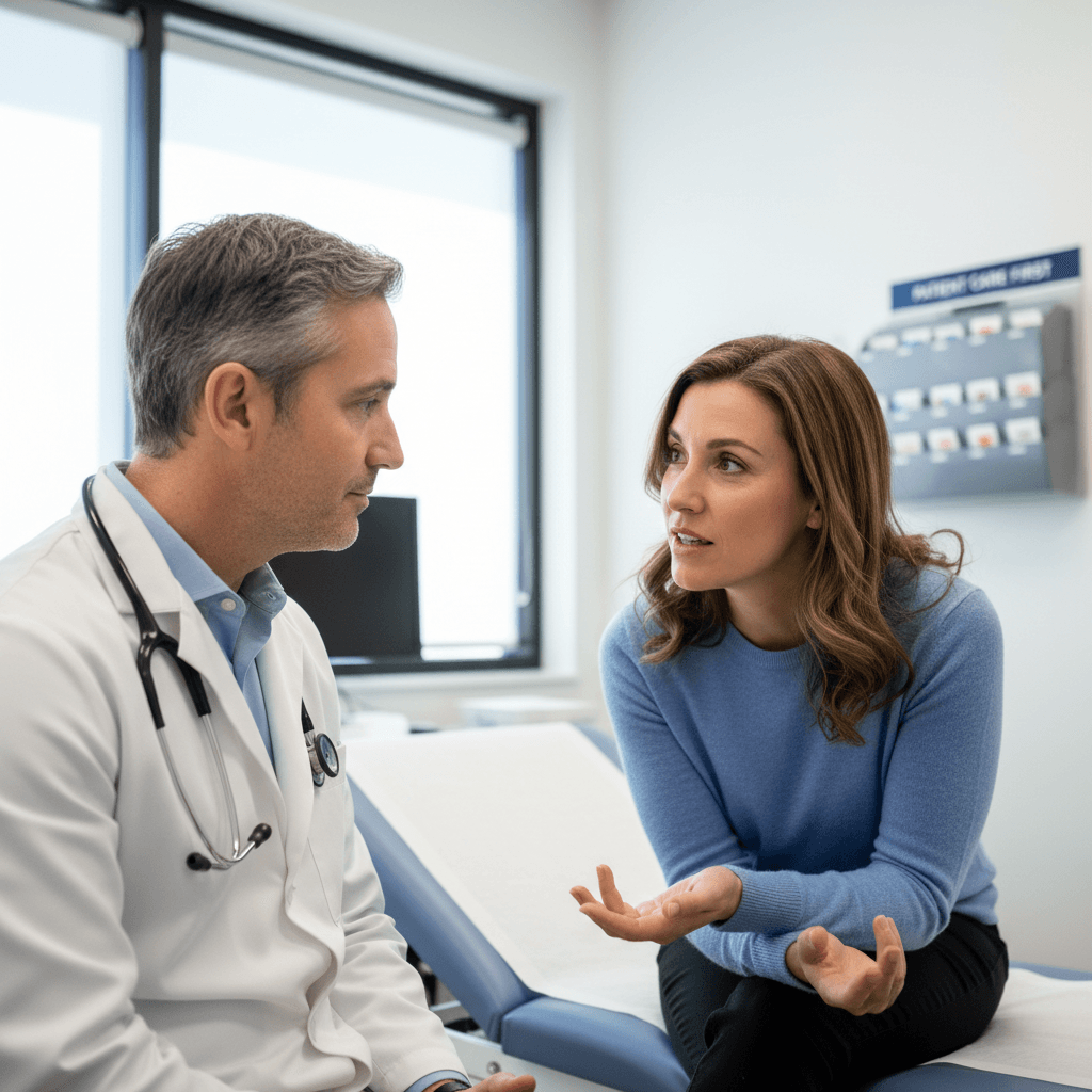Patient asking a question while the doctor listens closely in a clinic