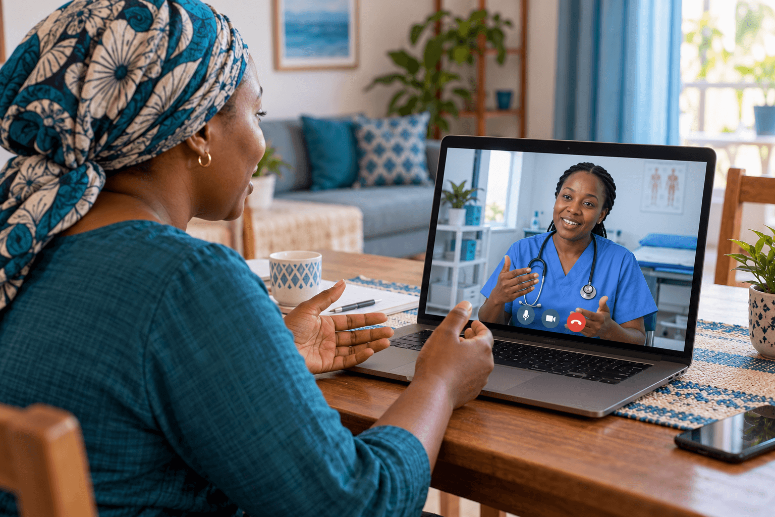 Woman in headscarf has a telehealth video call with a female doctor on her laptop.
