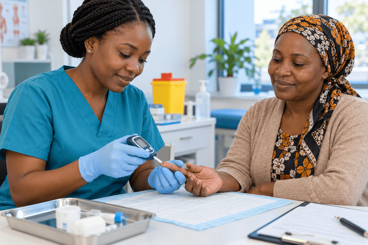 A nurse in teal scrubs performs a blood glucose test on a smiling patient.